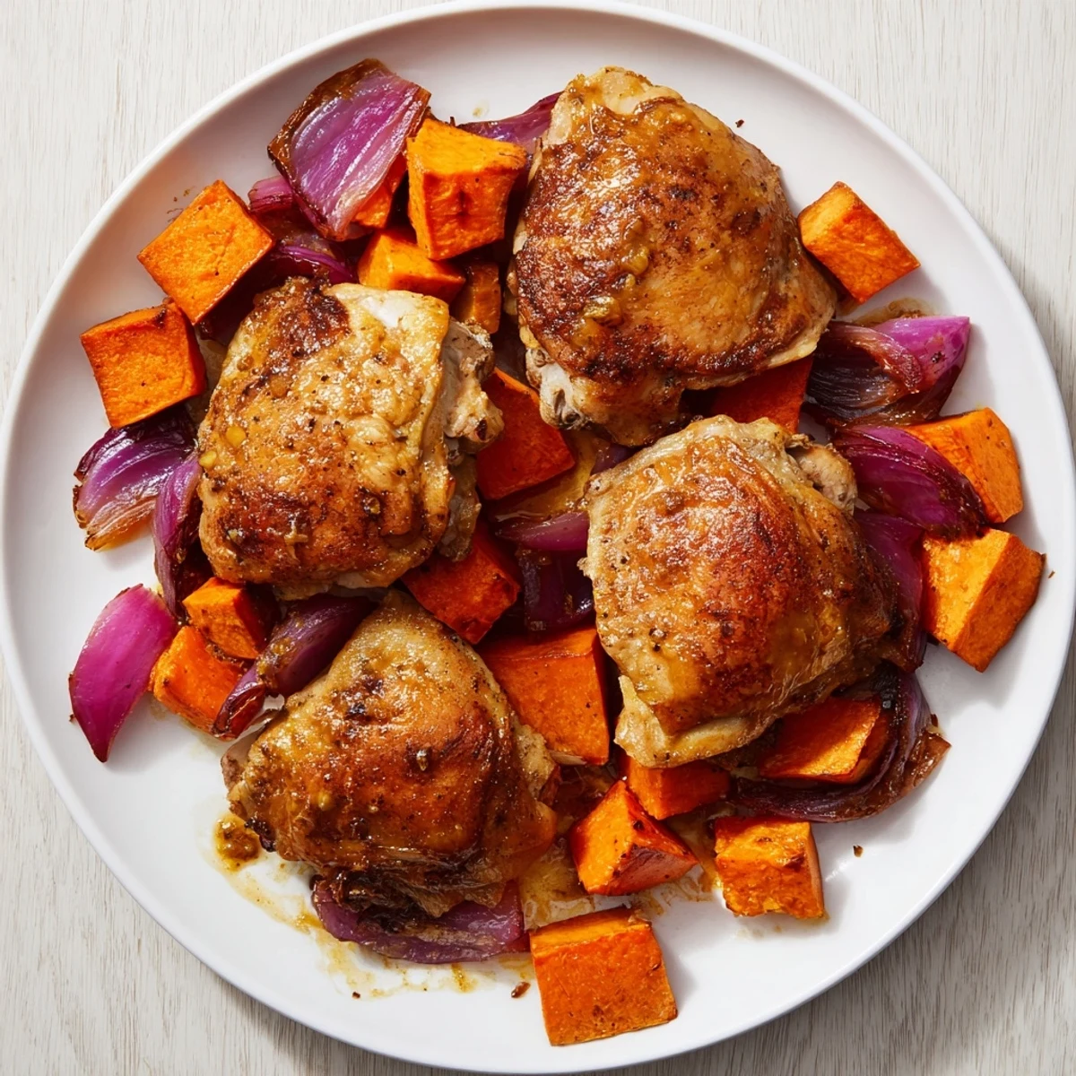 A delicious close-up of Maple Glazed Chicken & Sweet Potato Bake with glistening glaze, perfect for a hearty weeknight dinner.