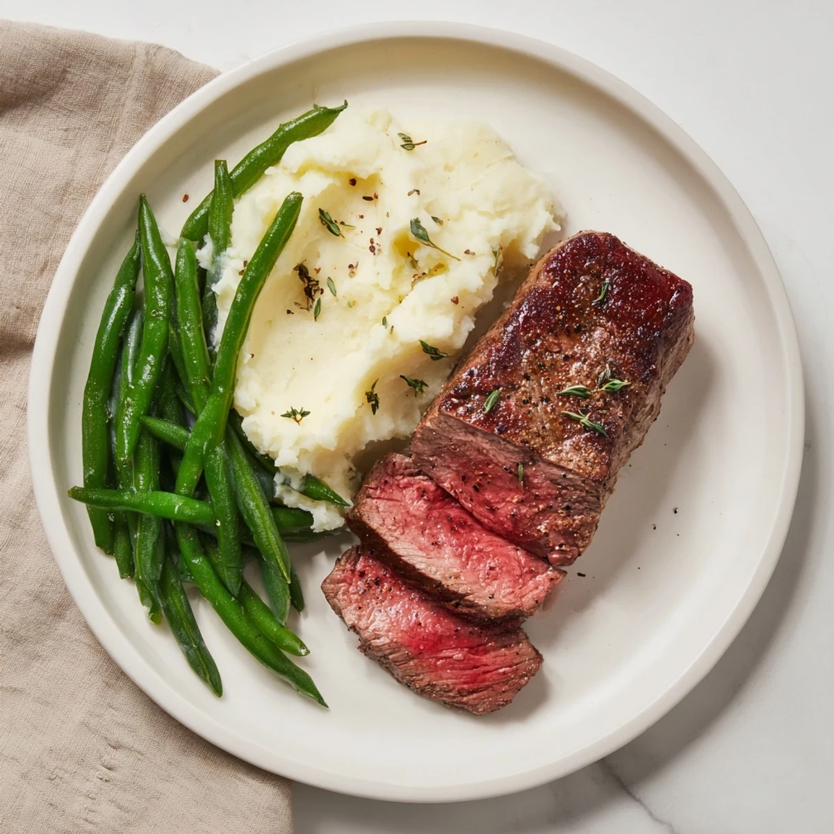 Juicy steak nestled next to creamy garlic mashed potatoes on a sheet pan.