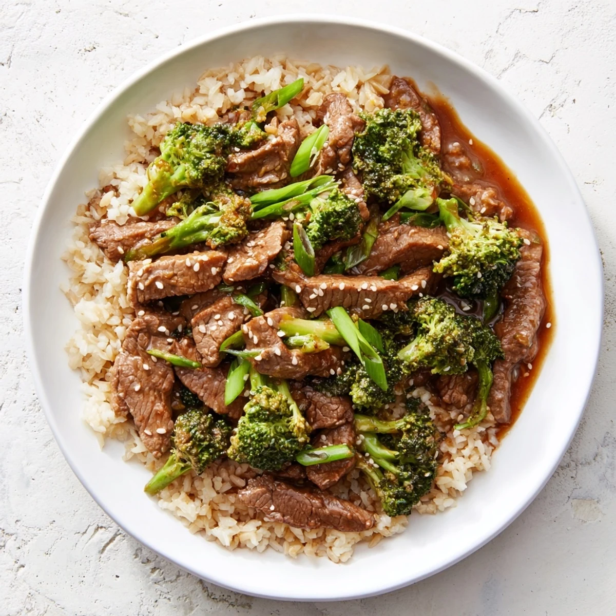 Warm bowl of Slow-Cooker Beef & Broccoli served over fluffy brown rice and fresh mixed greens.