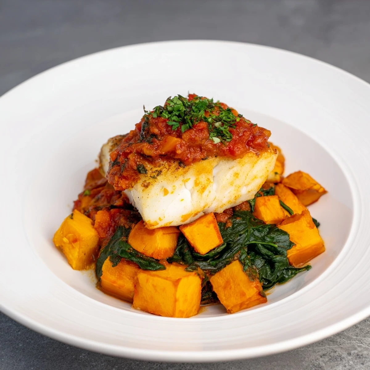 Baked Cod with Butternut Squash and Tomato-Herb Sauce, a flavorful, healthy meal with roasted squash.