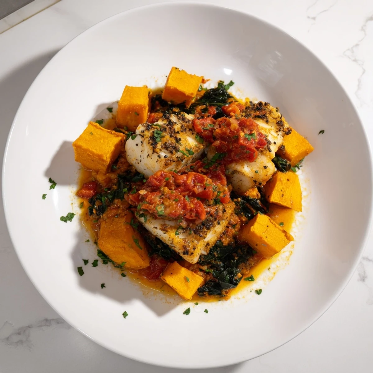 Golden, flaky baked cod nestled with vibrant butternut squash and a rich tomato-herb sauce.