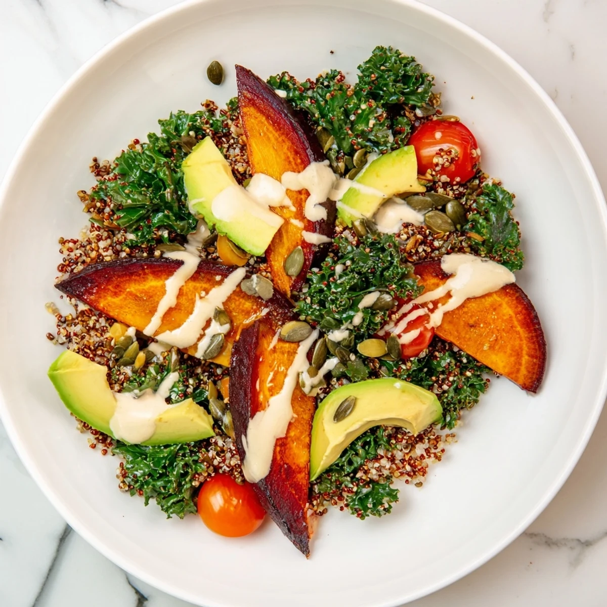 Vibrant Quinoa, Kale & Roasted Beet Bowl: colorful roasted beets atop fluffy quinoa with creamy tahini dressing.