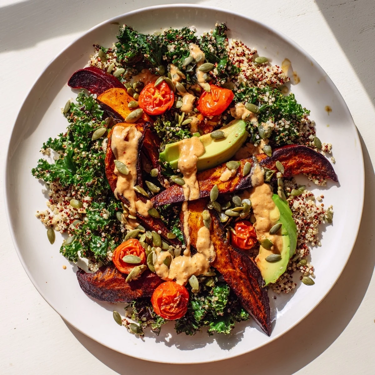 A close-up shot of a healthy Quinoa, Kale & Roasted Beet Bowl, showcasing the diverse textures and colors.