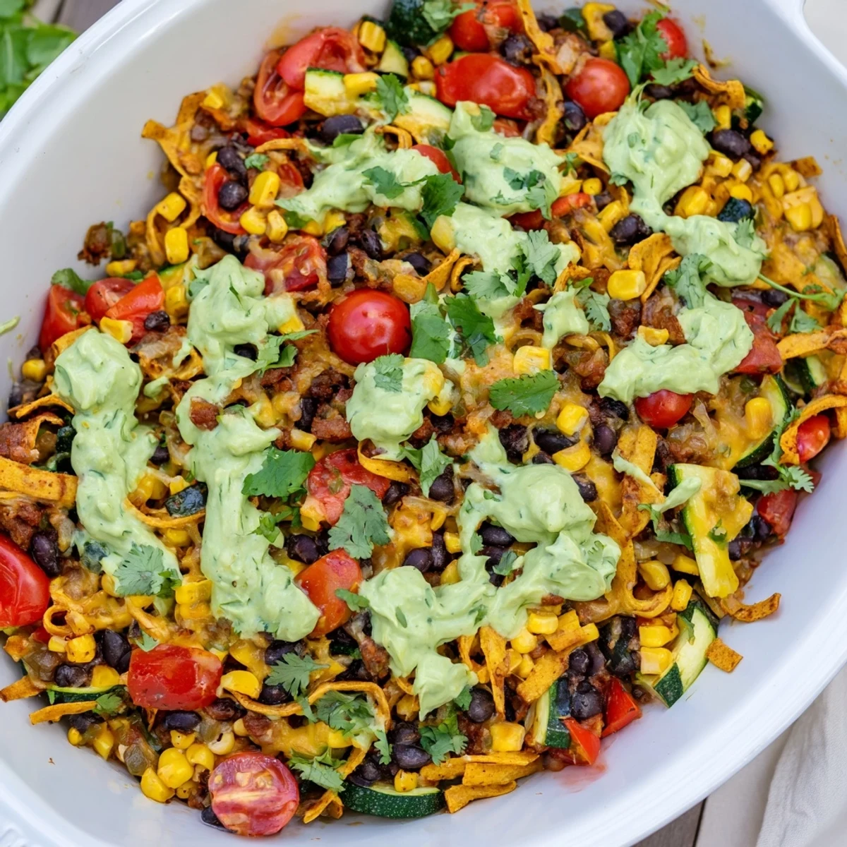 Bright, colorful Veggie-Packed Taco Skillet with melted cheese and creamy avocado yogurt, ready to eat.