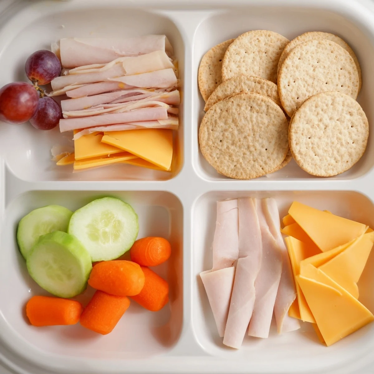 Easy DIY Lunchables, complete with sliced turkey, mozzarella, and whole wheat crackers, perfect for any kid.