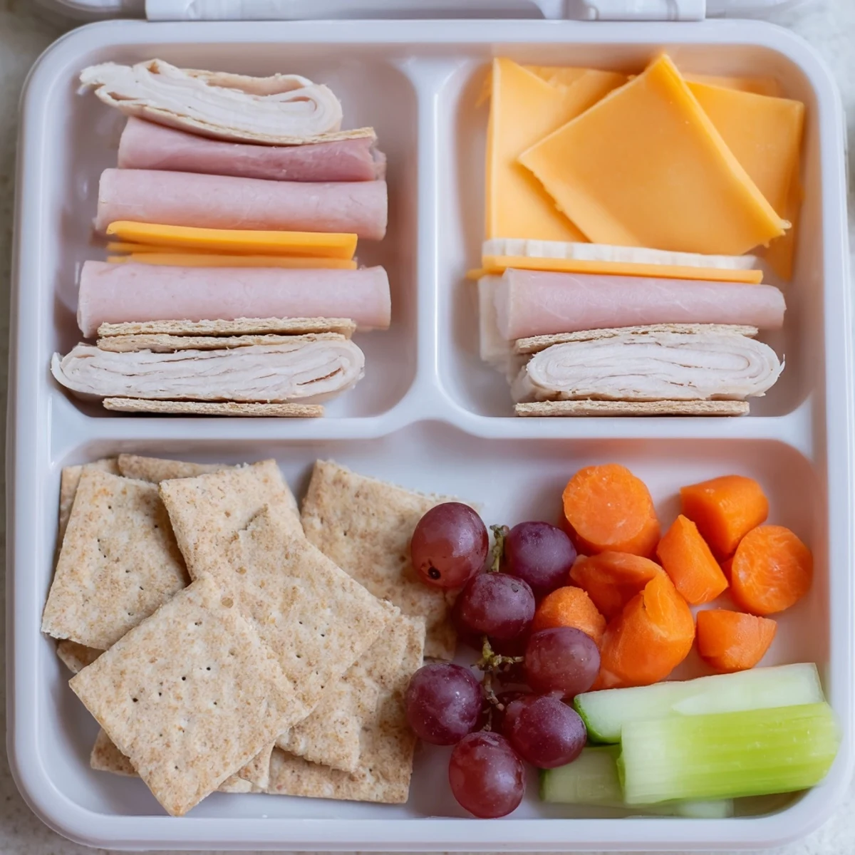 DIY Lunchables trays, featuring colorful meats, cheeses, crackers, and crisp veggies for a fun lunch.