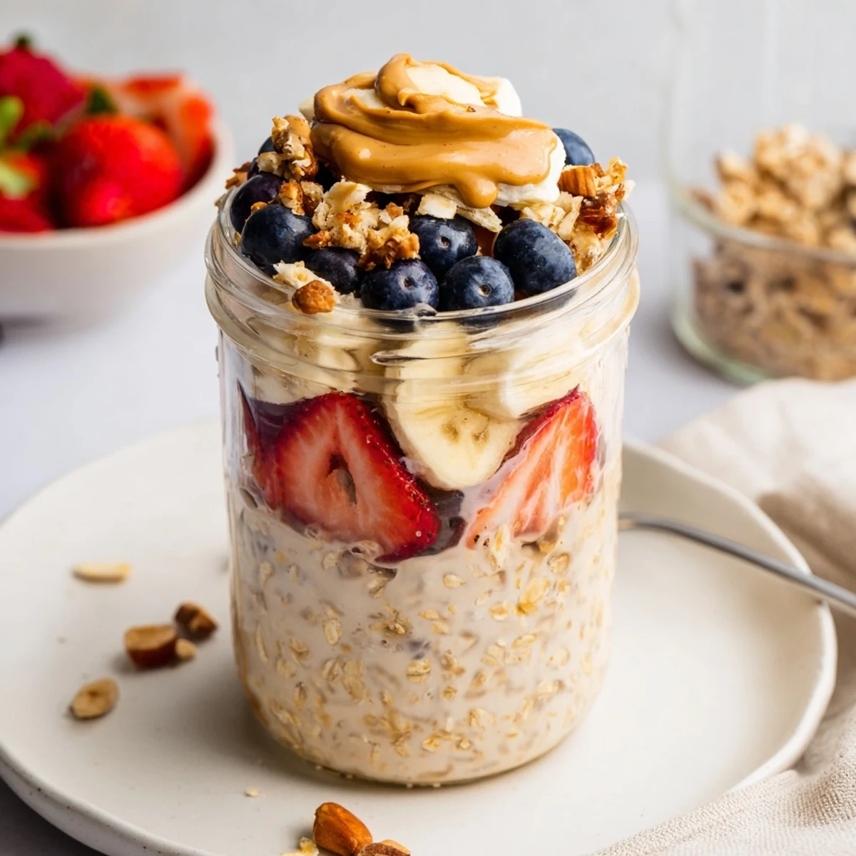 Overnight Oats Jars layered with fresh fruit and creamy peanut butter are ready to eat.
