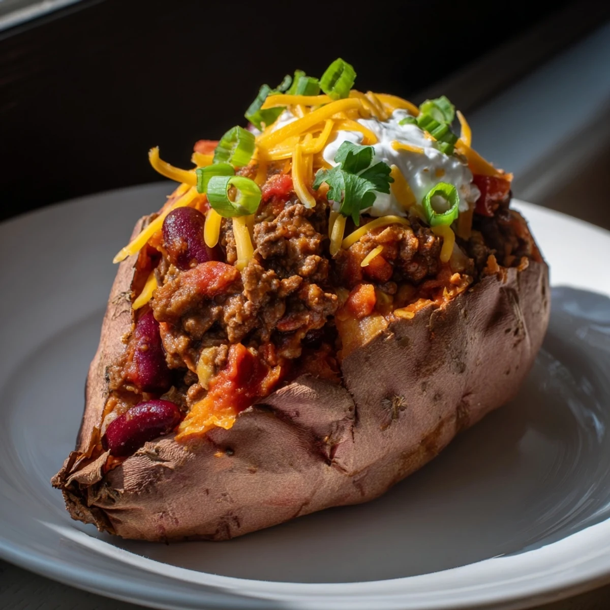 Warm, comforting baked sweet potato stuffed with chili, perfect for a hearty and delicious meal.