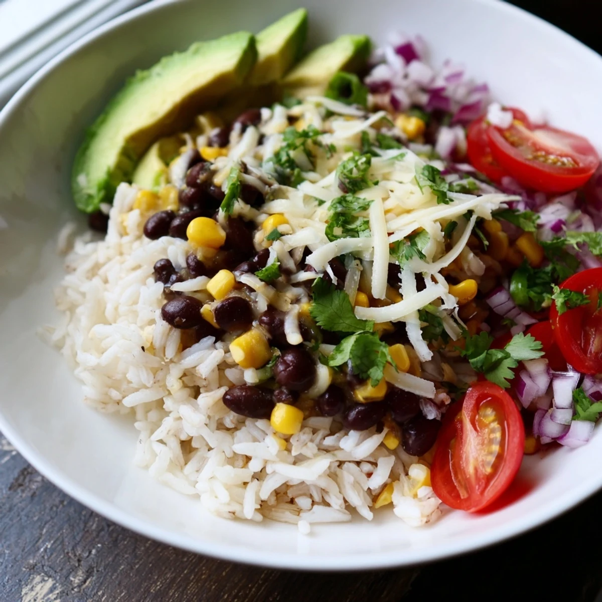 Fluffy rice, seasoned beans, and sweet corn make up these flavorful Rice, Bean, and Corn Burrito Bowls.