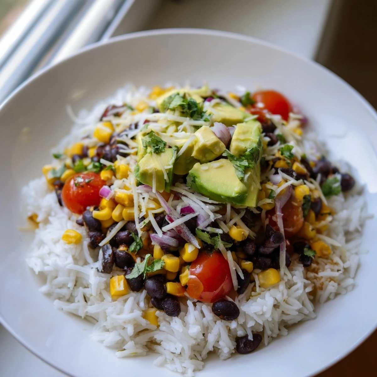 Enjoy a delicious bite of a colorful Rice, Bean, and Corn Burrito Bowl with fresh cilantro and lime!