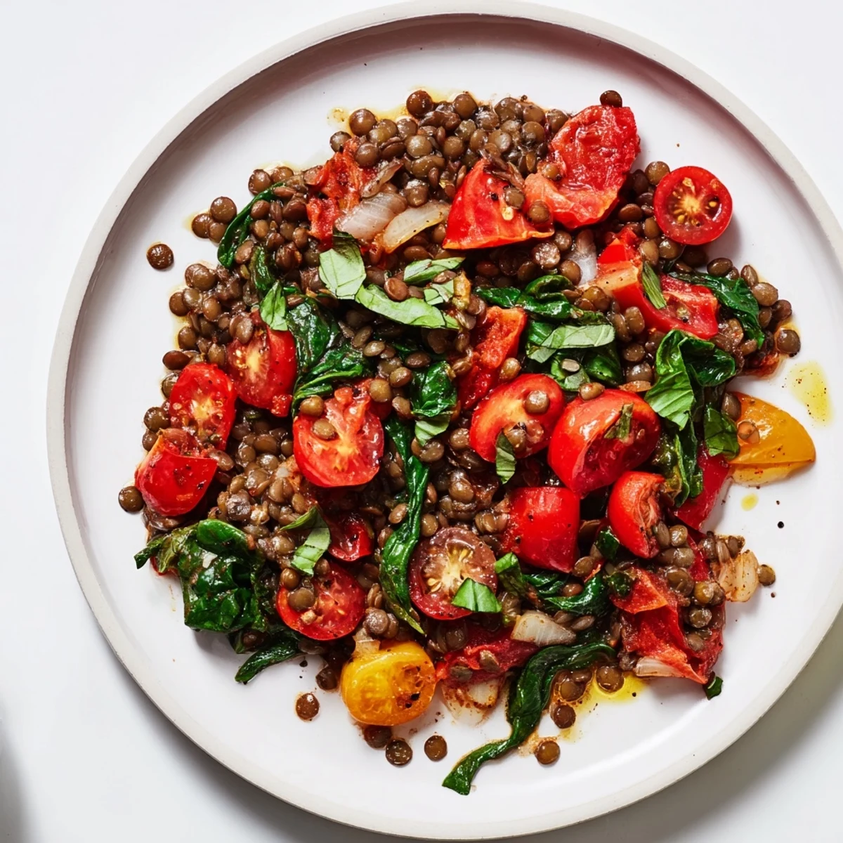 A bubbling Lentil-Tomato Skillet showcasing vibrant red tomatoes with tender lentils and fresh basil served warm.