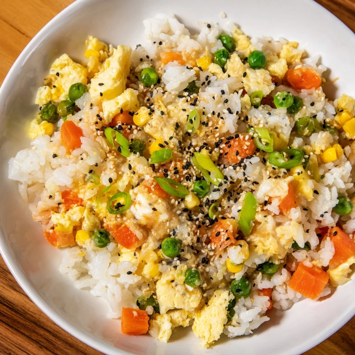 A steaming bowl showcasing savory Frozen Veggie Fried Rice, garnished with fresh green onions and sesame seeds.