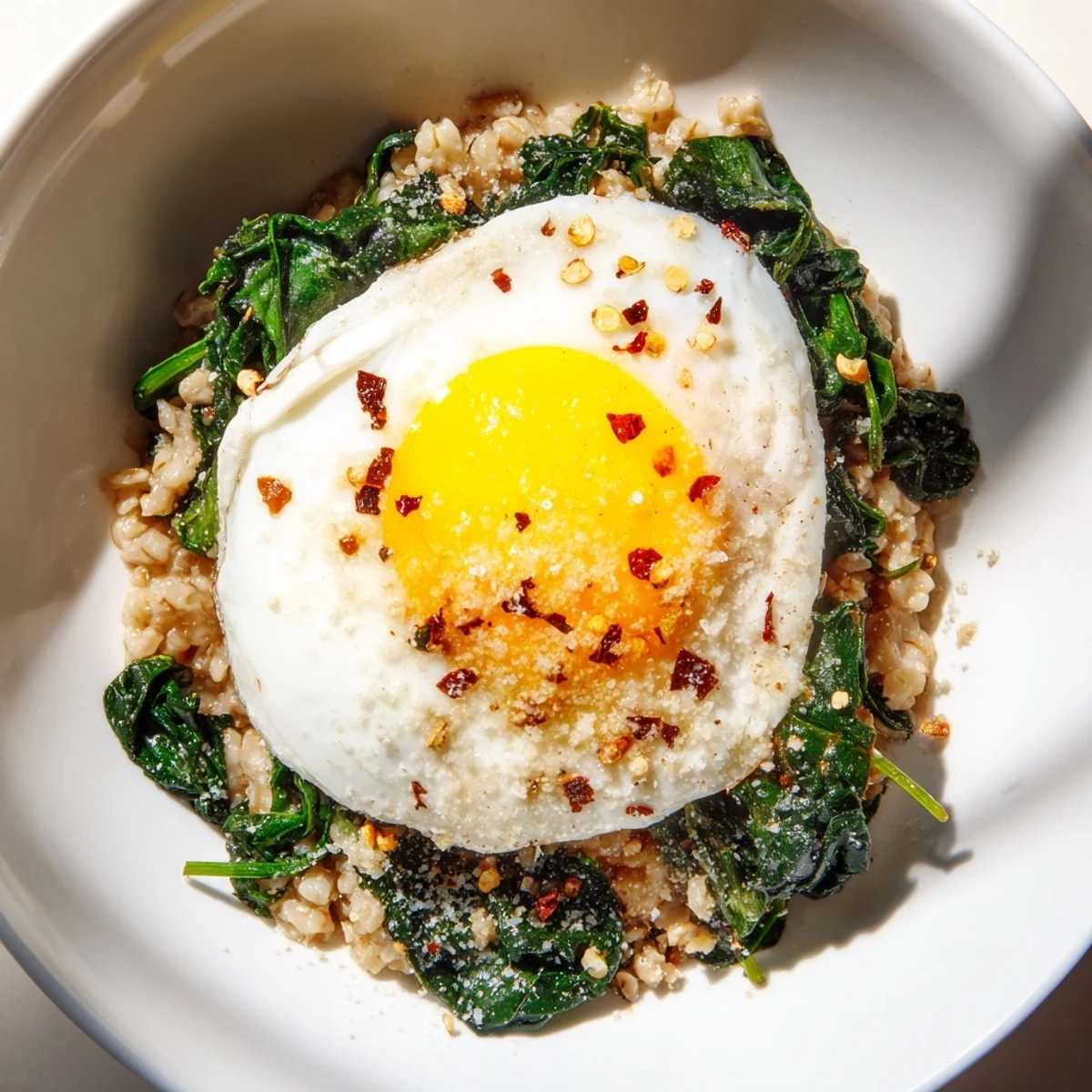 Savoury Oatmeal with Spinach & Poached Egg: a close-up showing creamy oats, vibrant spinach, and a perfect runny egg.