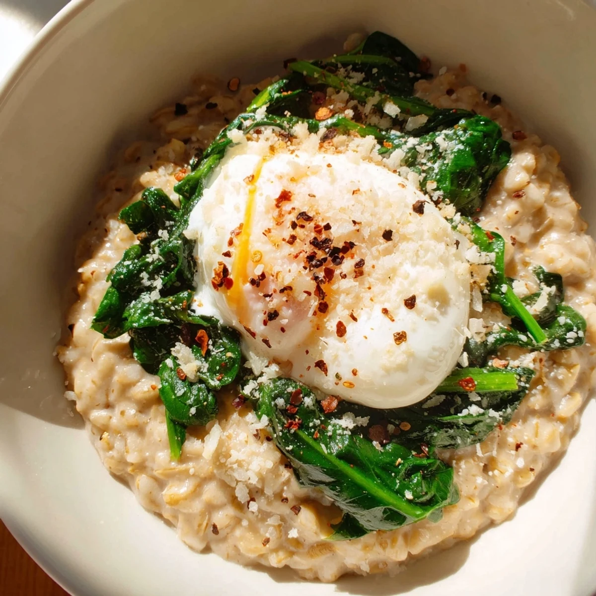Warm bowl of Savoury Oatmeal with Spinach & Poached Egg, garnished with Parmesan and fresh cracked pepper.