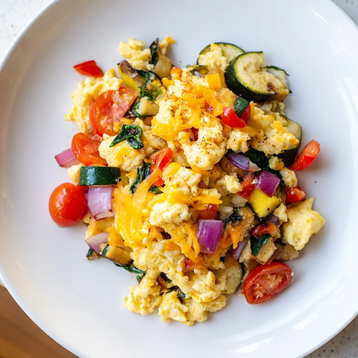 A colorful image showcasing the easy preparation of a fresh Egg & Veggie Sheet Pan Scramble for breakfast.