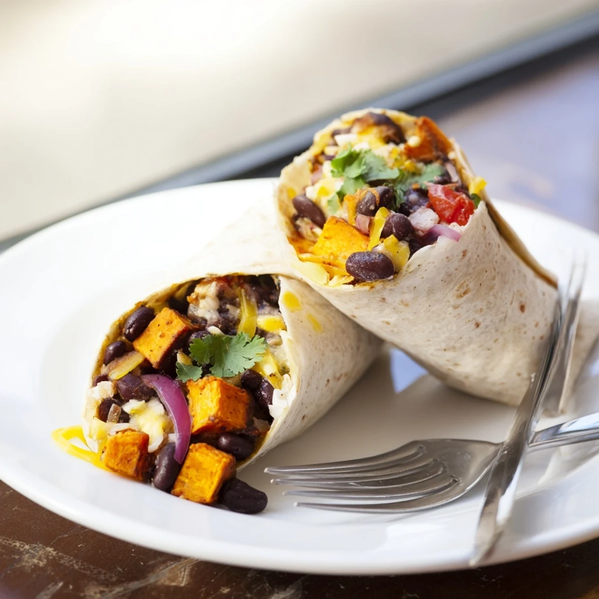 Warm, assembled Sweet Potato and Black Bean Breakfast Burritos, perfect for a hearty and healthy breakfast.