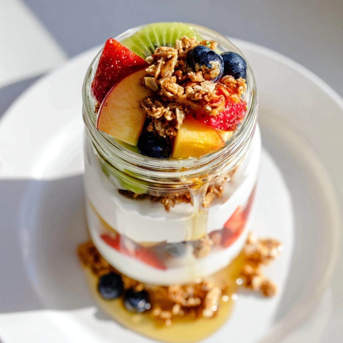 Layers of creamy yogurt parfait with seasonal fruit and crunchy granola, a delightful simple breakfast.