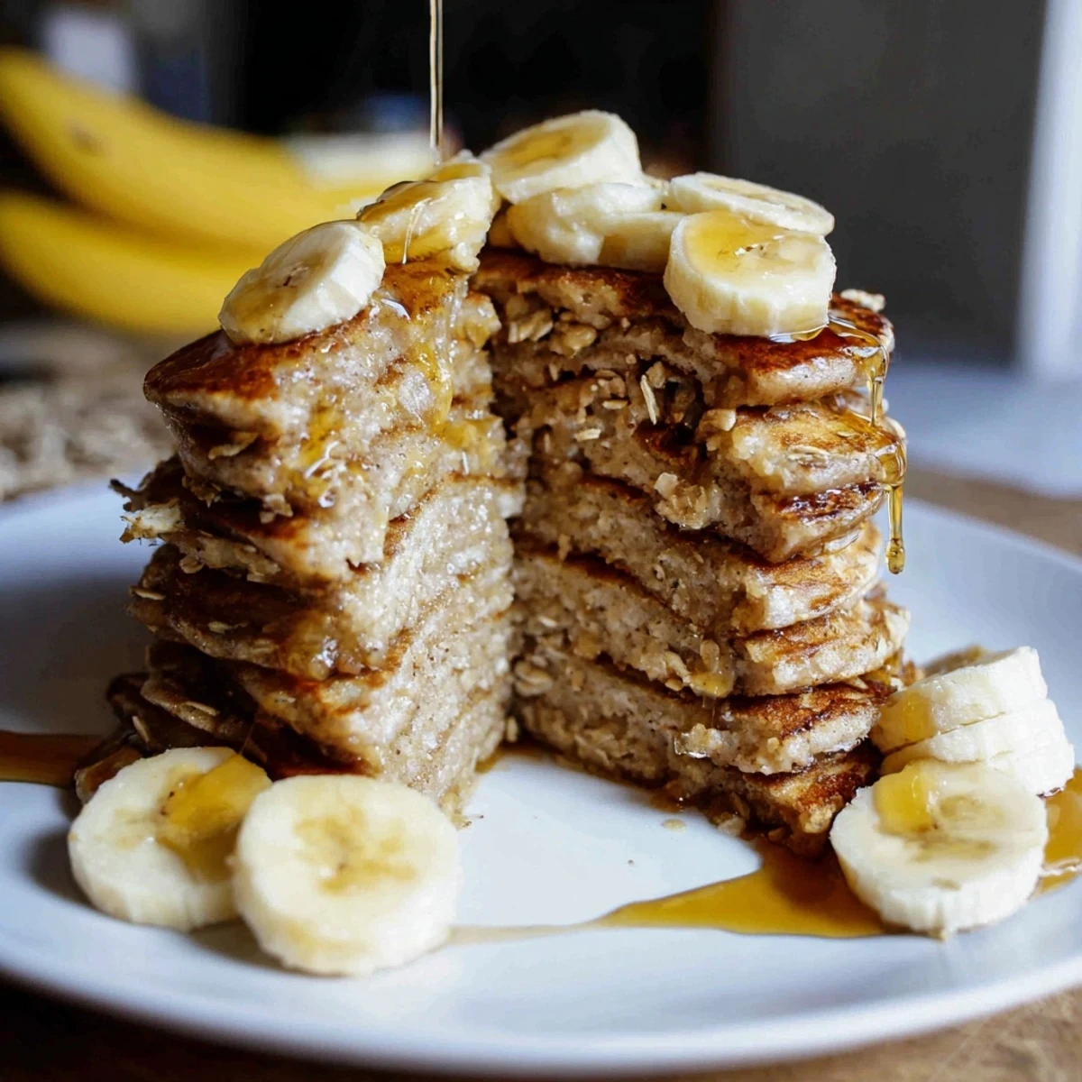 Golden Banana Oat Pancakes, stacked high, drizzled with syrup and topped with fresh berries.