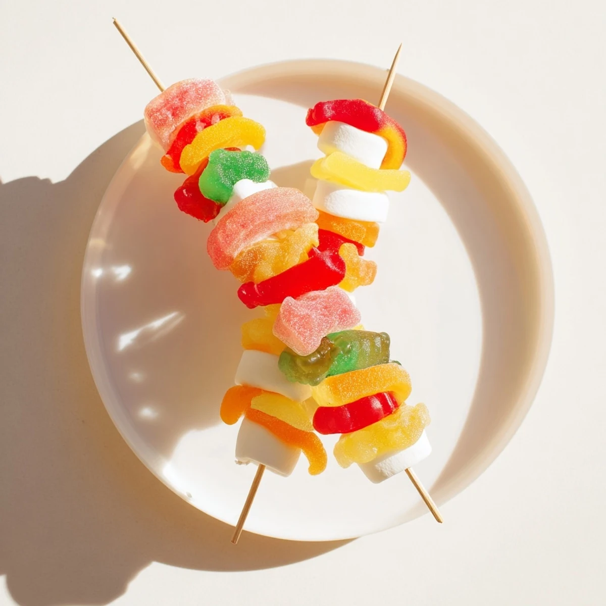 Festive gummy candy kabobs, vibrantly colorful and ready to be enjoyed as a sweet party snack.