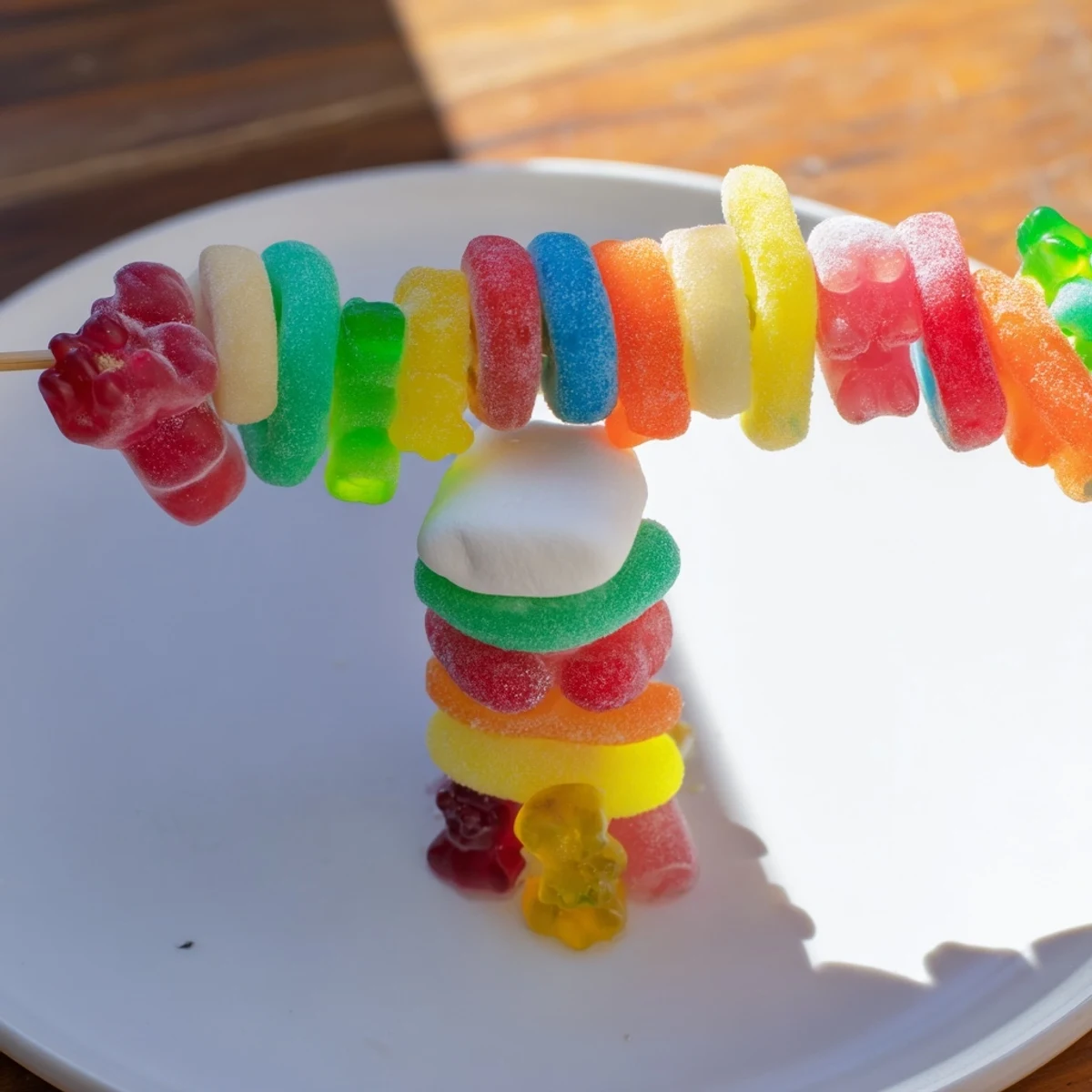 Homemade gummy candy kabobs on a platter, a fun dessert loaded with a rainbow of gummy treats.