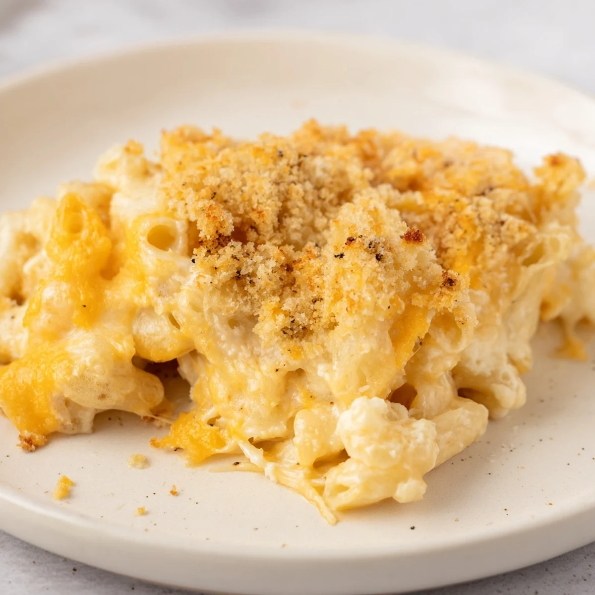View of a casserole dish filled with hot, homemade Baked Macaroni and Cheese, perfect for a family meal.