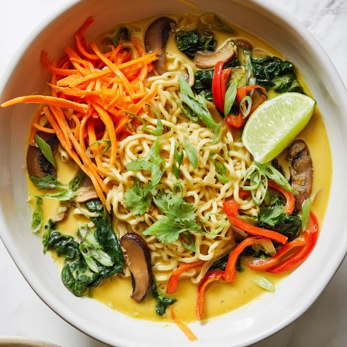 Steaming bowl of Curry Coconut Ramen, ready to be enjoyed with fresh cilantro and lime wedges.