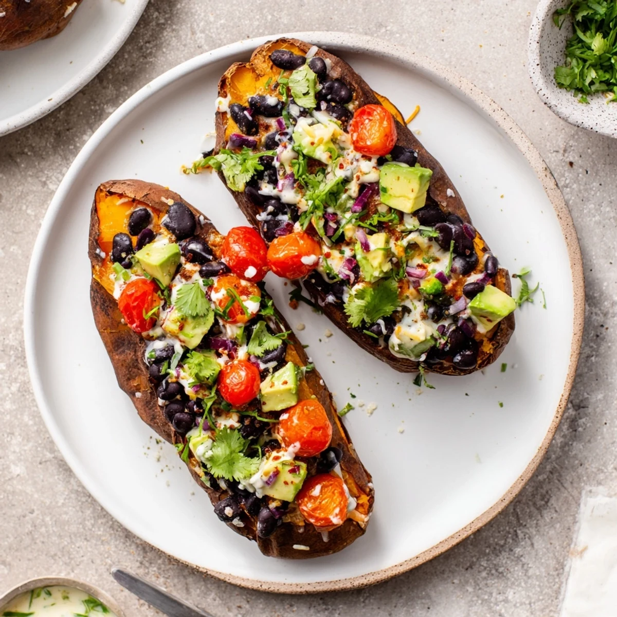Golden-brown Loaded Baked Sweet Potatoes, bursting with toppings, offer a vibrant and hearty vegetarian meal.