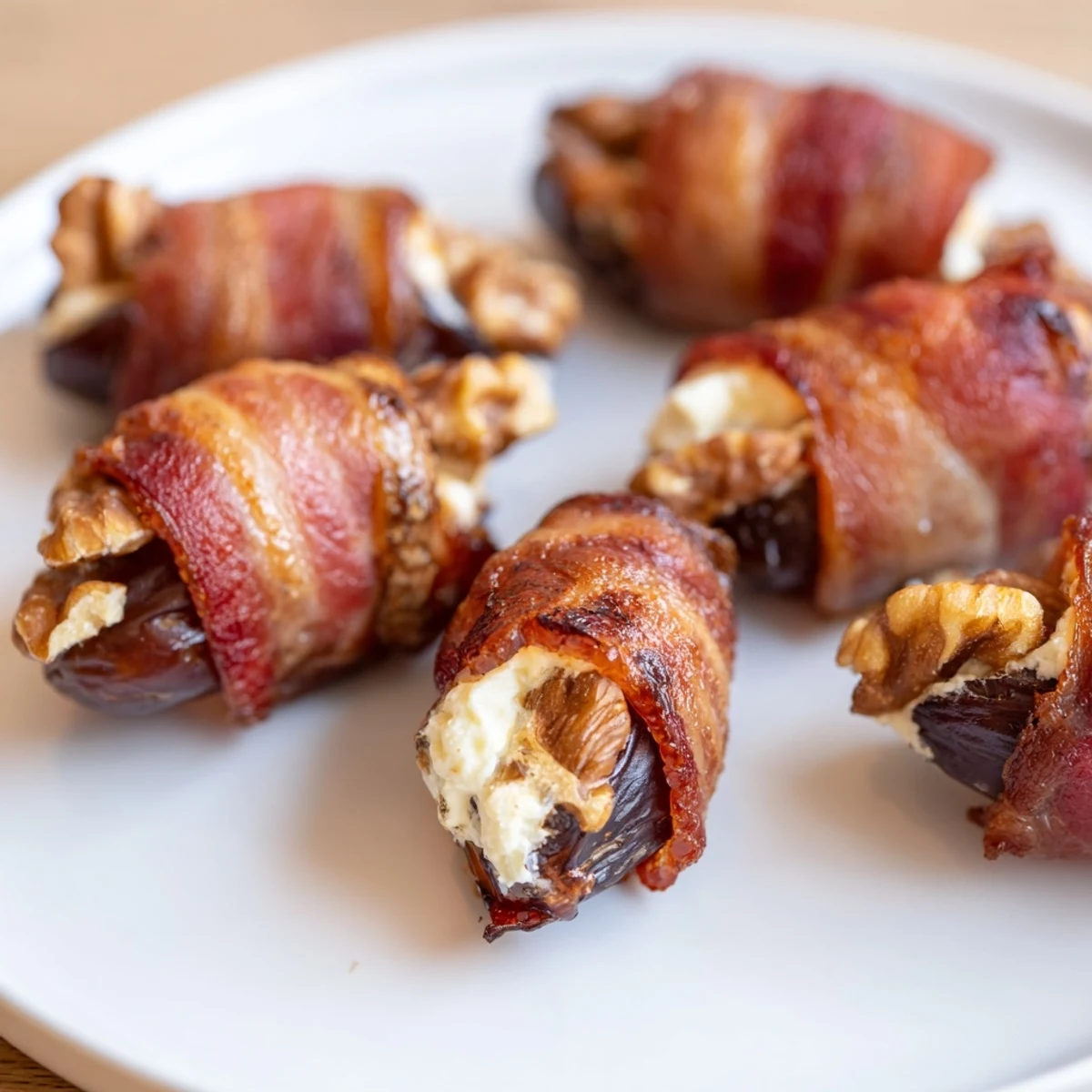 Golden crisp bacon wrapped around sweet cream cheese and walnut stuffed dates, a savory appetizer.