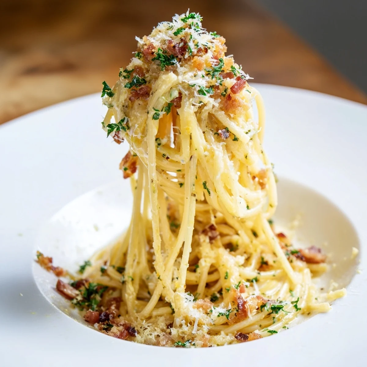 Creamy garlic butter pasta, speckled with parsley, topped with a flavorful bacon crumble in this photo.