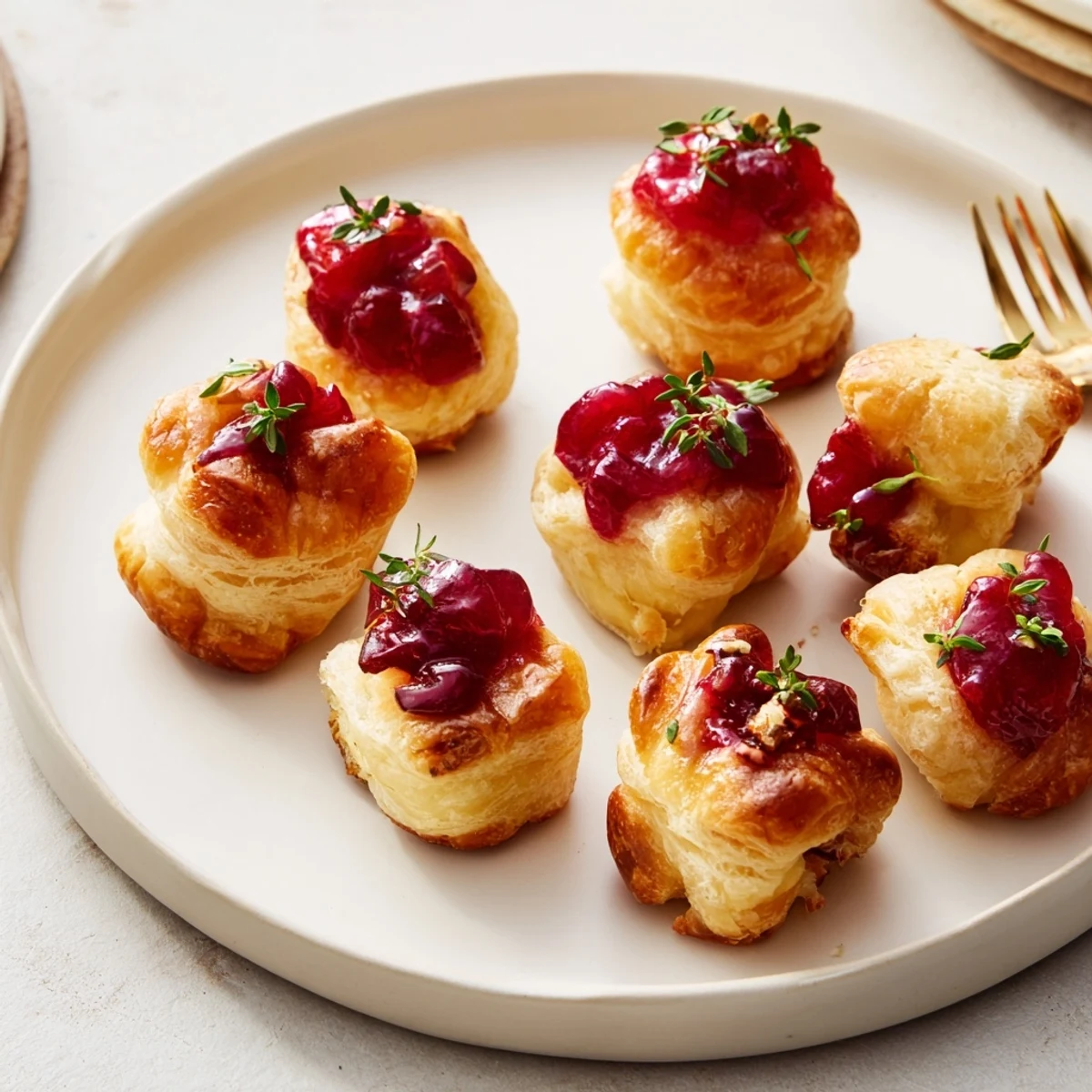 Golden, baked Cranberry Brie Bites with melted cheese and a dollop of vibrant cranberry sauce.