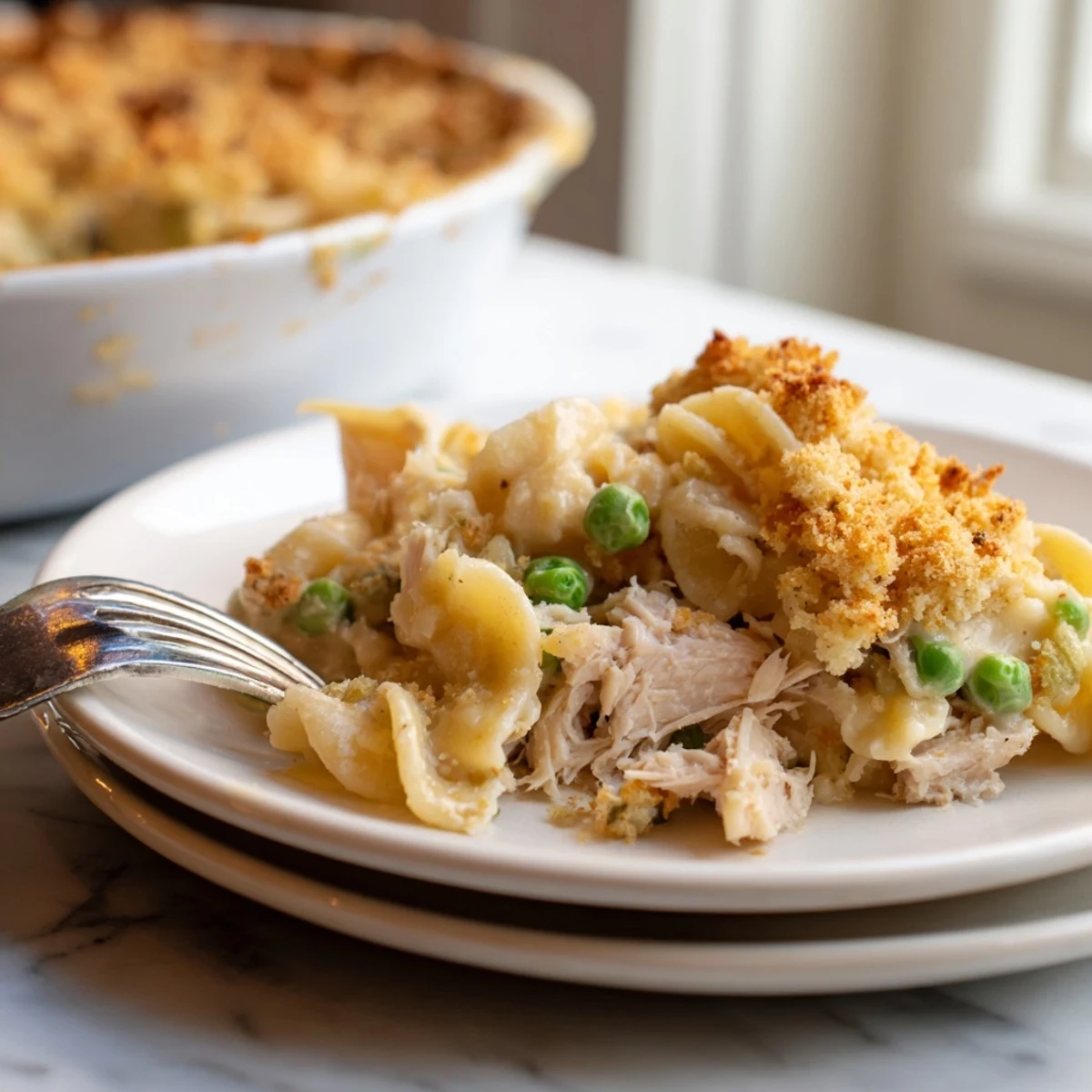 A close-up shot of a bubbling Creamy Tuna Noodle Casserole with a crispy Ritz cracker topping just out of the oven.
