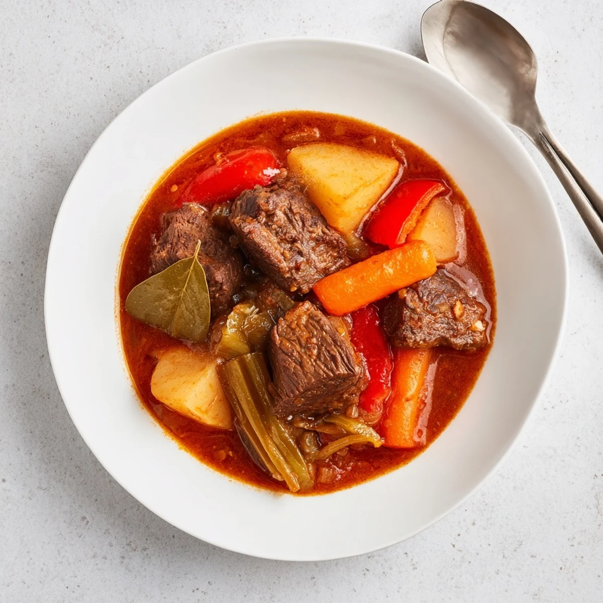 A steaming bowl of Smoked Paprika & Garlic Beef Stew, with hearty chunks of beef and vegetables.