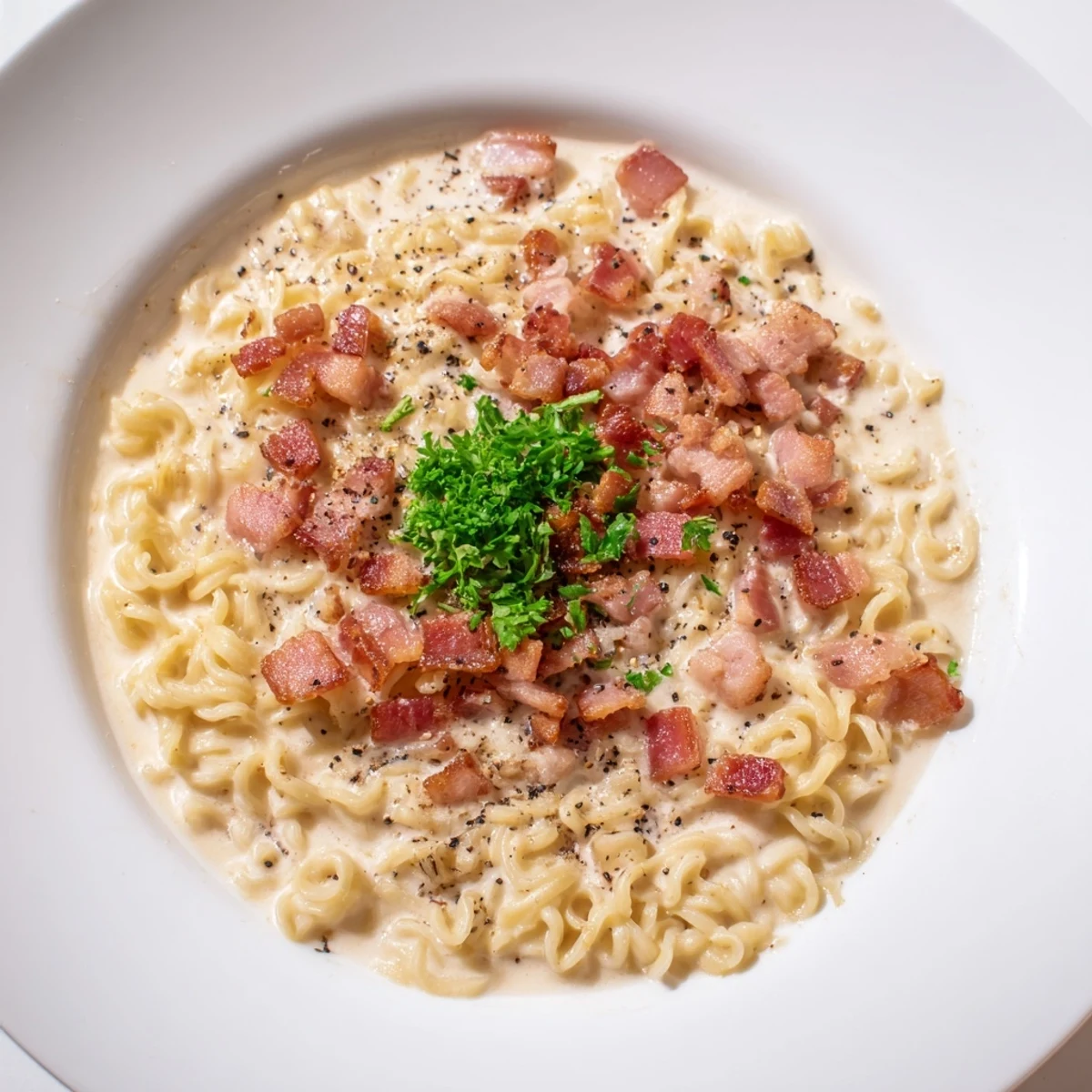 Creamy Carbonara Ramen Fusion, garnished with parsley, a delightful, cheesy noodle dish.