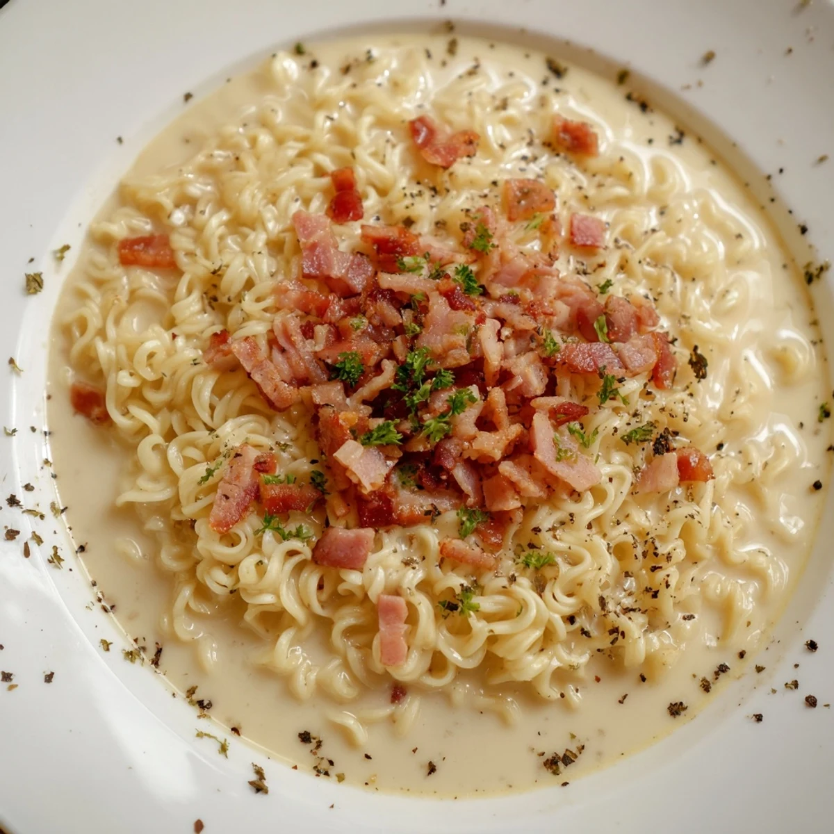 Golden browned bacon bits and melty cheese top this quickly-made Carbonara Ramen variation.
