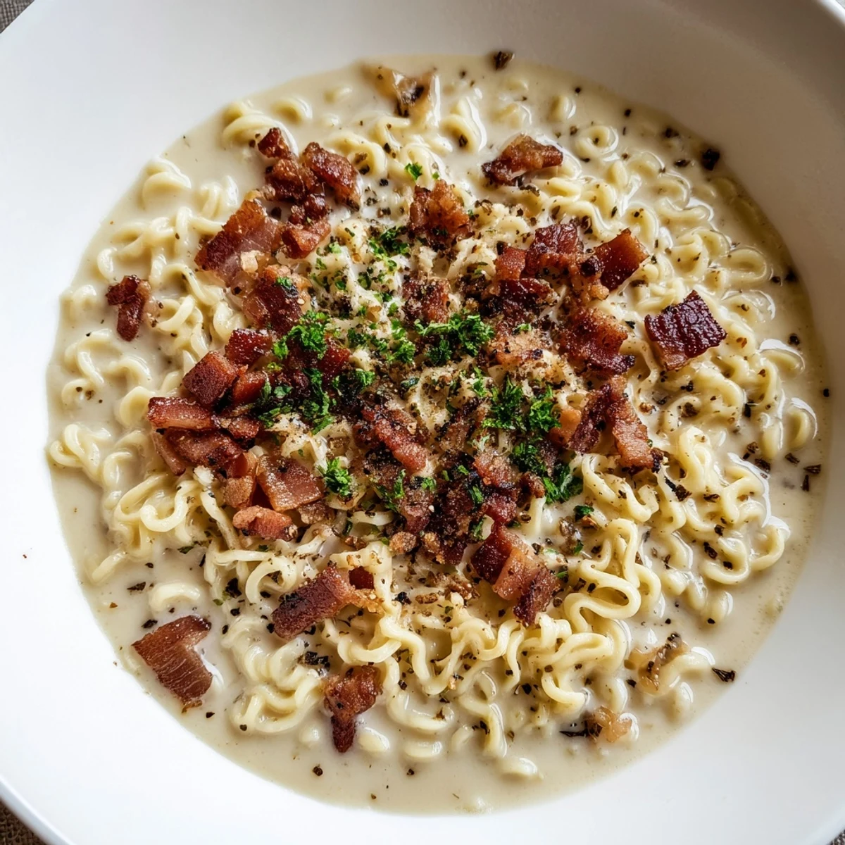 A steaming bowl of Carbonara Ramen Fusion, a fusion of rich Italian flavors with ramen noodles.