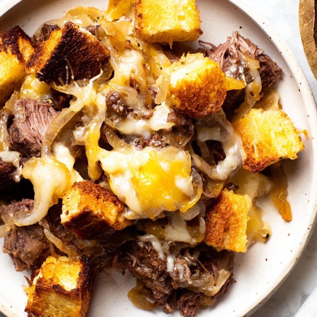 French Onion Pot Roast Casserole bubbling with melted cheese and crispy bread topping, perfect for dinner.