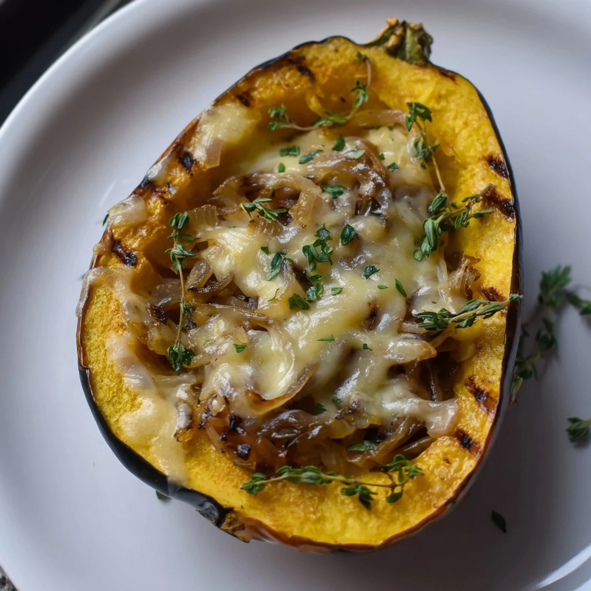 Melted Gruyere bubbling on Caramelized Onion Gruyere Acorn Squash, a delicious vegetarian main course.
