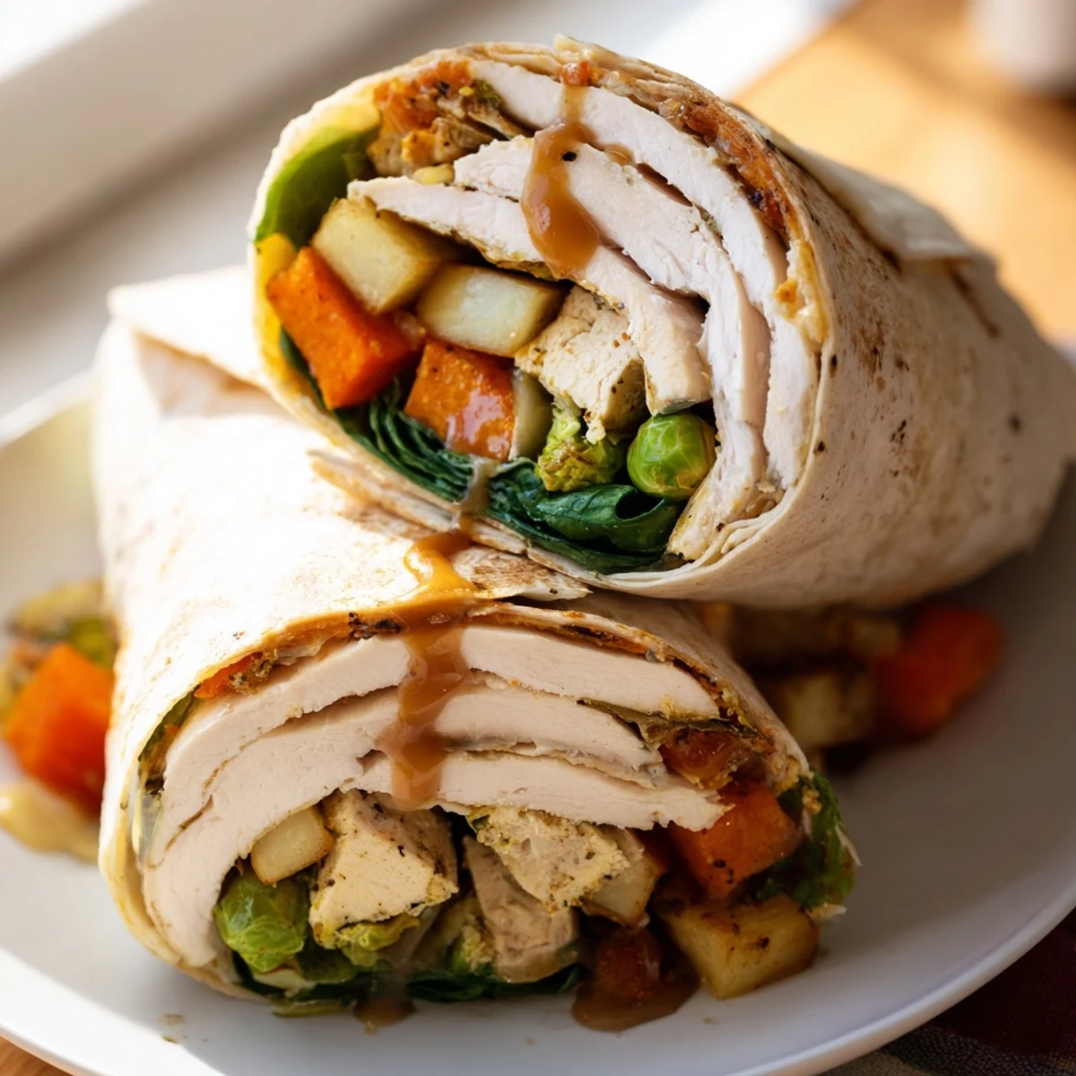 Simple Christmas Leftover Wraps arranged beautifully with vibrant greens and festive holiday dinner components.