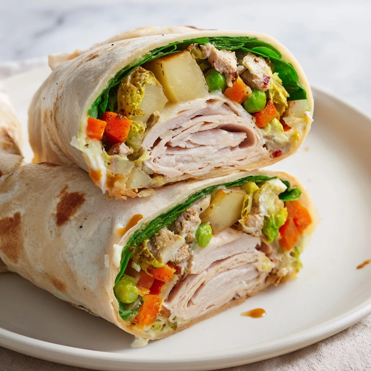 Golden-brown Simple Christmas Leftover Wraps, sliced open, showcasing the delicious holiday flavors inside.