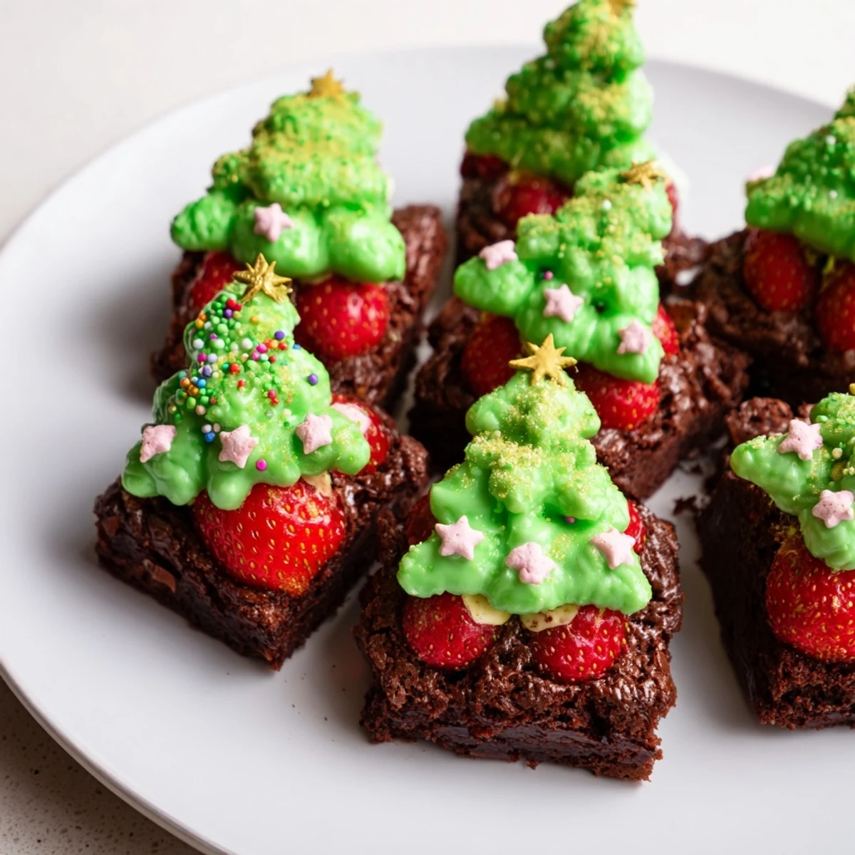 Festive Express Christmas Tree Brownie Hats, fudgy brownie squares topped with vibrant green icing and sprinkles.