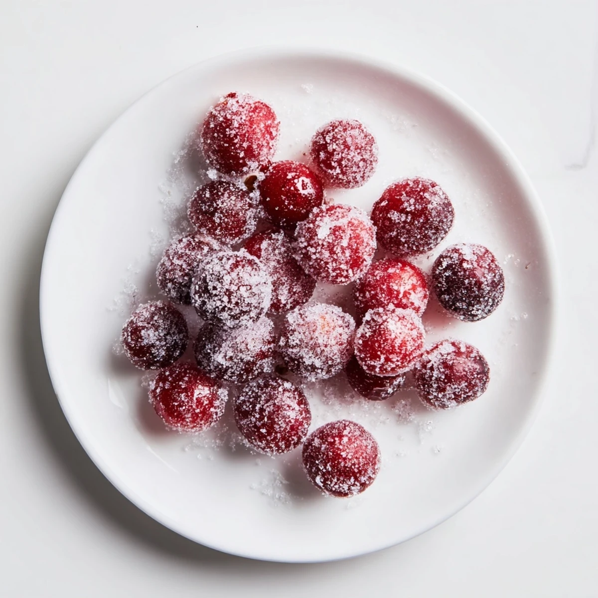 Glistening vegan candied cranberry garnish, a sweet and tart topping ready for holiday desserts.