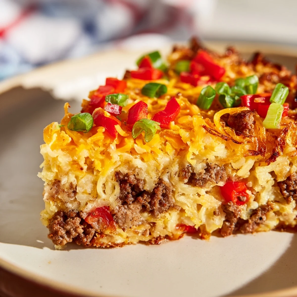 Golden-brown Quick Christmas Morning Hash Brown Bake, bubbling with melted cheese and savory sausage, perfect.