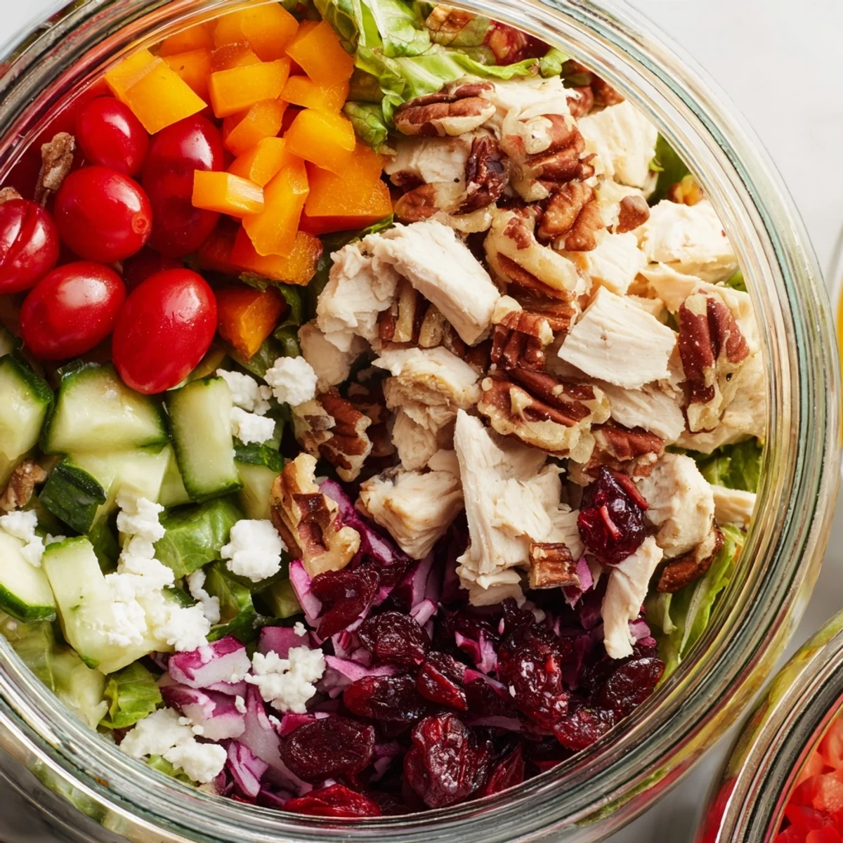 A delicious Layered Holiday Chopped Chicken Salad Jar showcasing textures of crisp veggies and crumbled feta cheese.