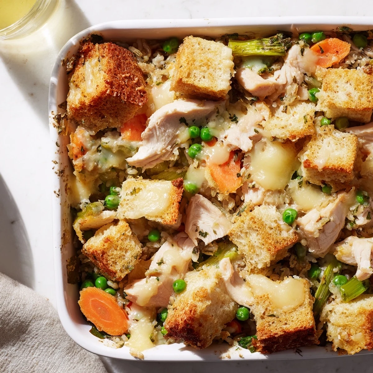 A steaming bowl of Chicken and Wild Rice Bake, with visible chunks of chicken and vegetables.
