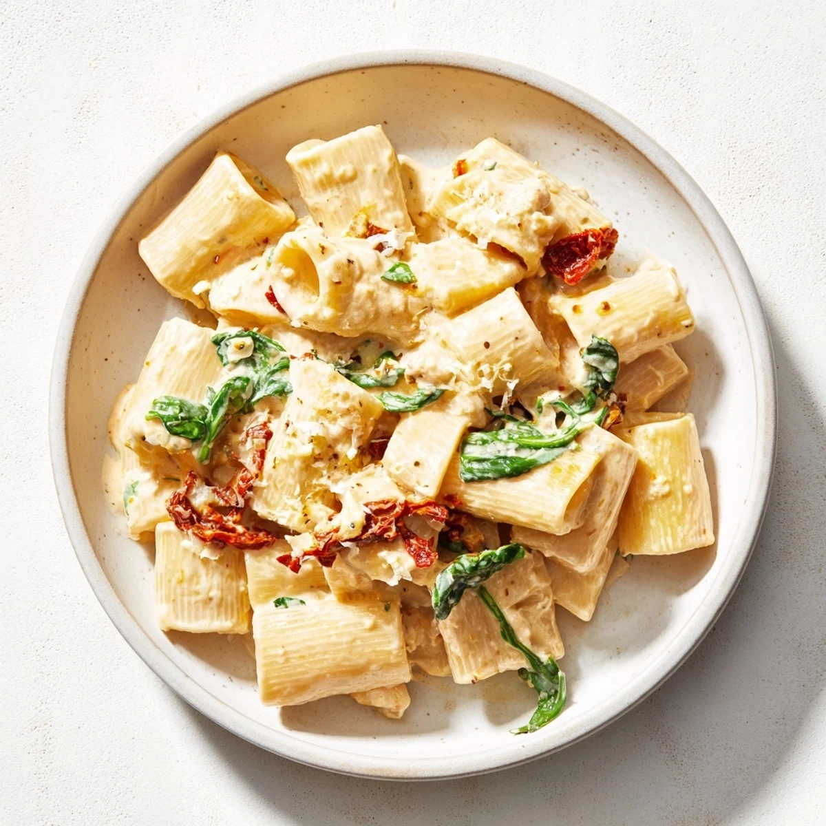 Creamy Sun-Dried Tomato Spinach Cottage Cheese Pasta: a vibrant bowl of pasta topped with fresh basil and Parmesan cheese.