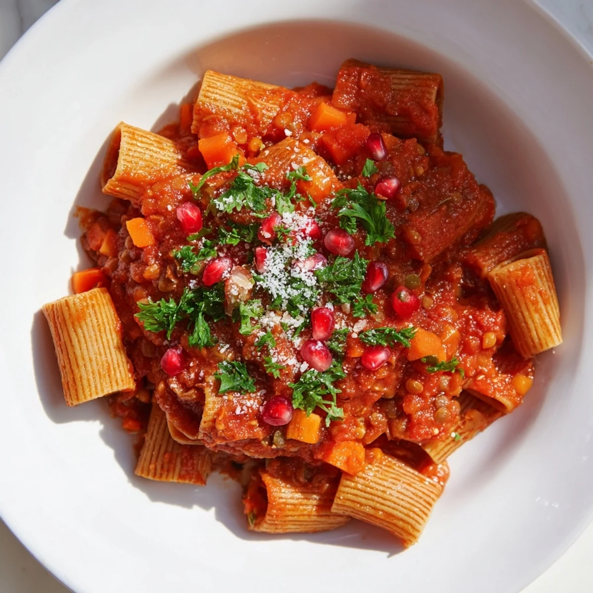 A rich and flavorful High-Fiber Lentil Bolognese, perfect for a cozy Christmas dinner.