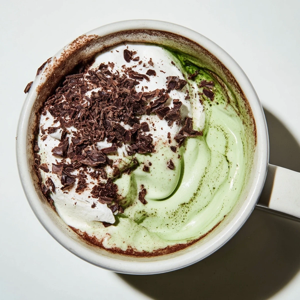 Rich and frothy Matcha Hot Cocoa Protein Mug with dark chocolate shavings, a delicious, easy treat.