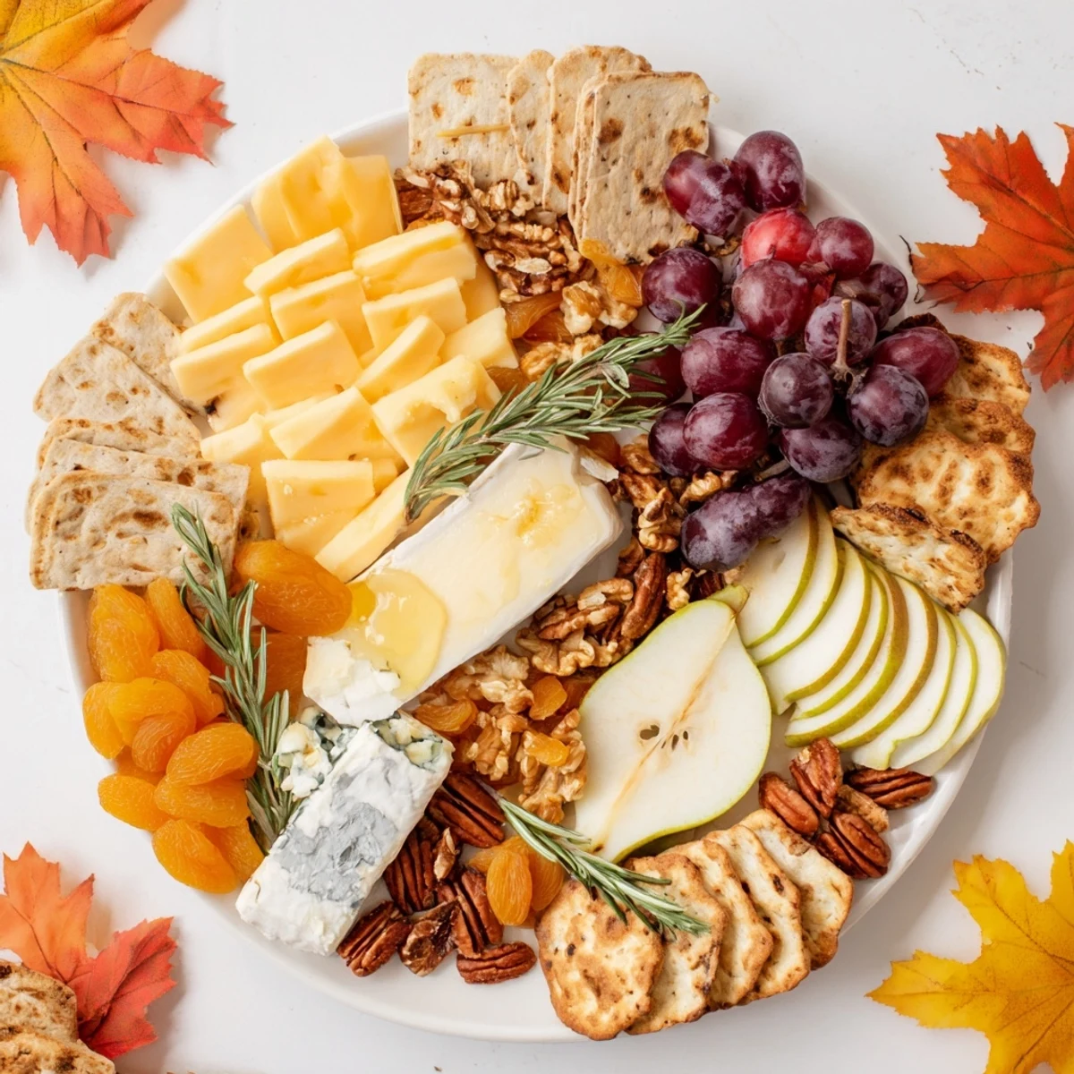 Autumn Leaf Cheese Platter boasts colorful cheeses, fruits, and crackers perfect for your fall get-together.