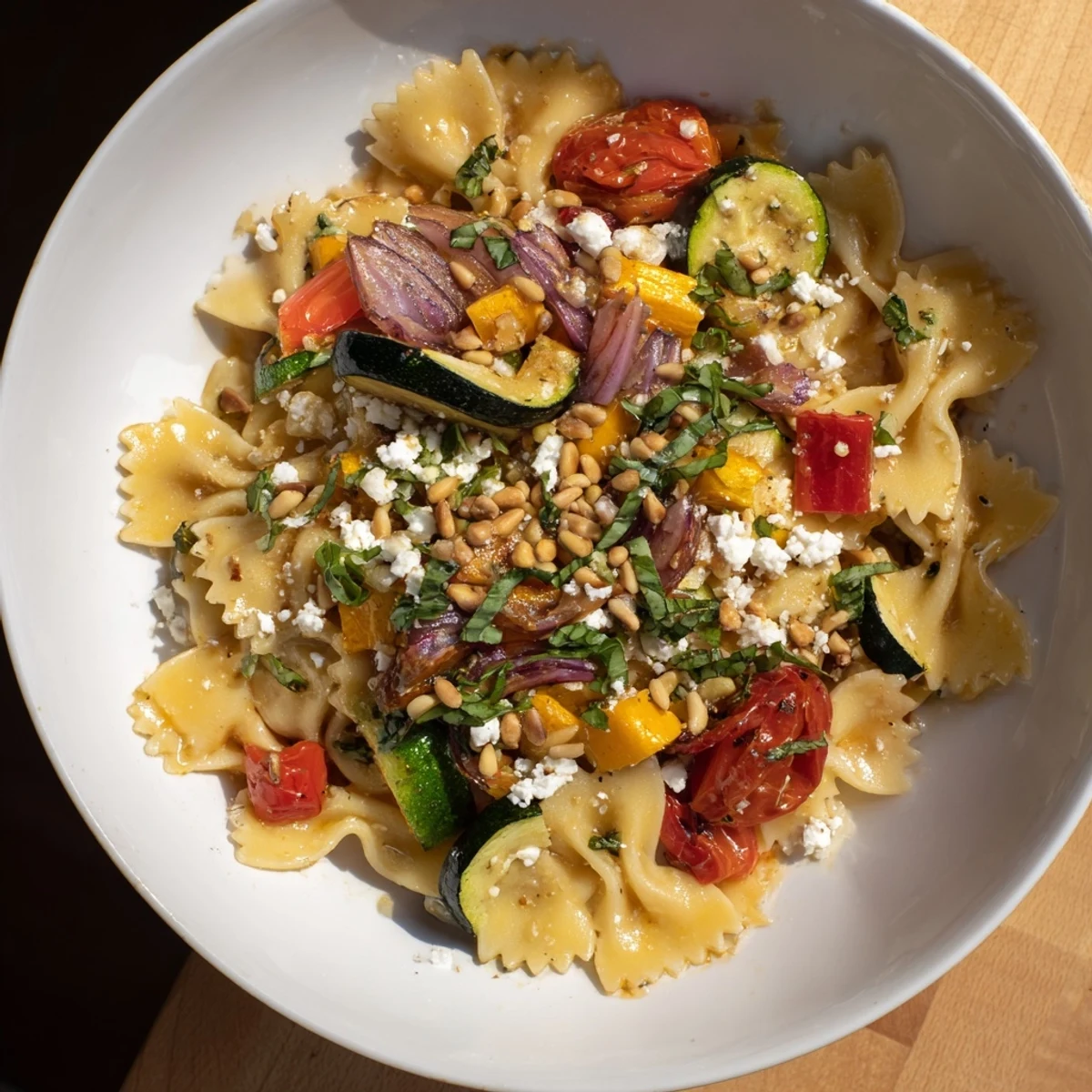 Bow tie pasta platter with roasted vegetables, a beautiful and vibrant Italian main course.
