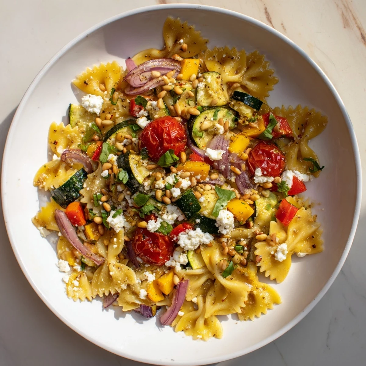 Colorful image of a festive bow tie pasta platter, garnished with fresh herbs and feta.